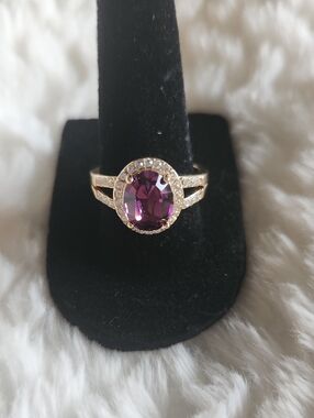 Luxury Gold Ring with Purple Amethyst Colored Gem and CZ Accent Stones